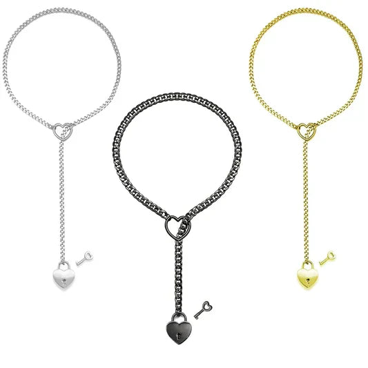 Adjustable Heart O-Ring Punk Rock Cuban Chain Necklace – Edgy Lariat Y-Style Necklace with Key & Heart Lock Pendant for Bold, Confident Style